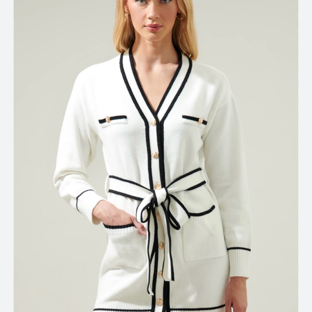 Line & Dot White Black Gold Jamie Sweater Dress Belted Long Sleeve Size Small
